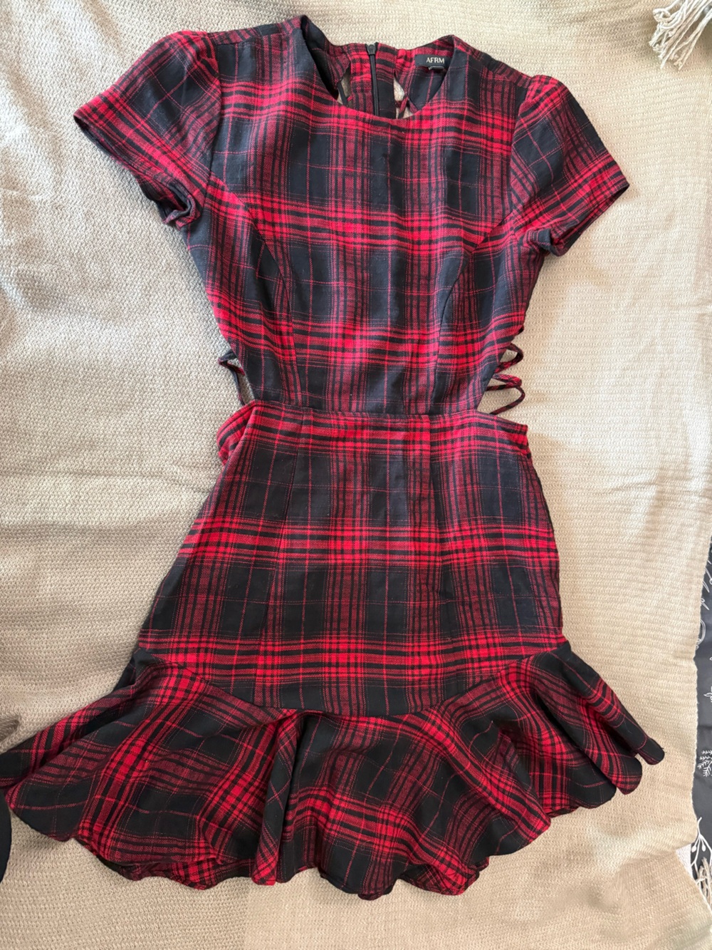 AFRM Red & Black Plaid Cropped Square-Neck Top